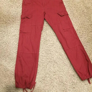DWFH Women's High-Rise Cargo Pants S Elastic Waist Cuffs Red Cotton